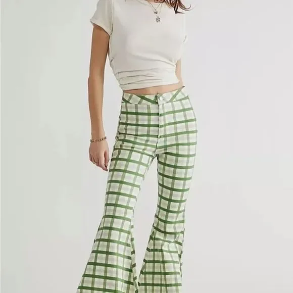 Free People Just Float On Flare Jean Extreme Gingham Mint Green Fray Hem - Picture 2 of 6